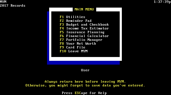 Managing Your Money 5.0 - Menu